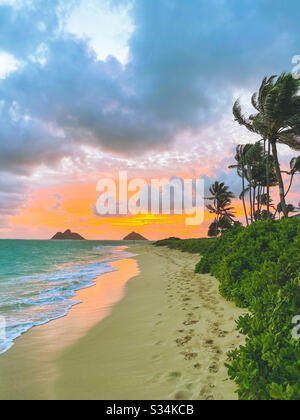 Lever du soleil à Lanikai Beach, Oahu, Hawaï Banque D'Images