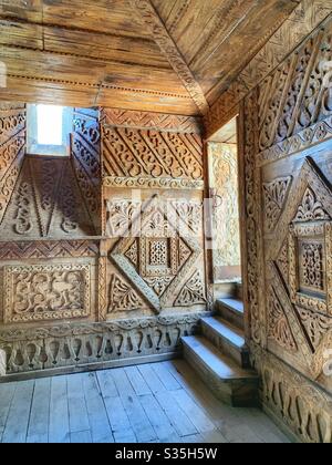 Sculptures internes en bois à l'intérieur du château de Rawati, Akhaltsikhe, Samtskhe–Javakheti, Géorgie, Europe. Banque D'Images