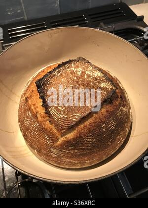 Pain au levain cuit dans une casserole en fonte Banque D'Images