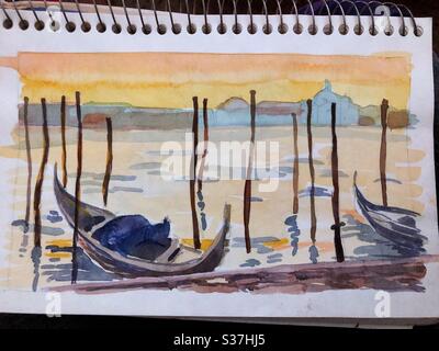 Peinture aquarelle dans le carnet de Venise et gondoles au coucher du soleil par Katya Palladina Banque D'Images