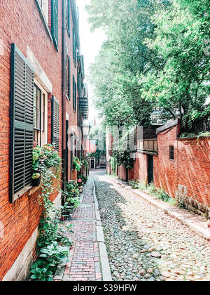 Acorn Street, dans le quartier historique Beacon Hill de Boston, l’une des rues les plus belles et les plus pittoresques d’Amérique. Banque D'Images