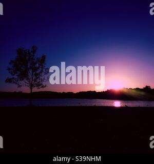 Une photographie filtrée d'un coucher de soleil dans un parc avec un lac et de belles réflexions Banque D'Images