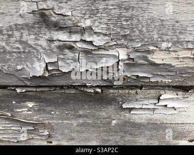 Très gros plan sur la peinture blanche craquelée qui s'écaille sur le mur extérieur d'une vieille maison Banque D'Images