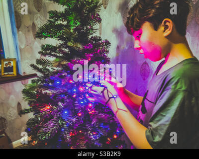 Un garçon mettant des lumières de fées sur un arbre de Noël. Banque D'Images