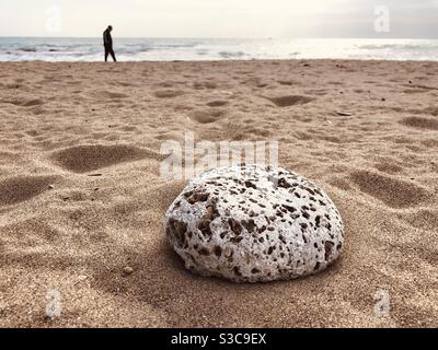 Roche texturée sur une plage de sable Banque D'Images