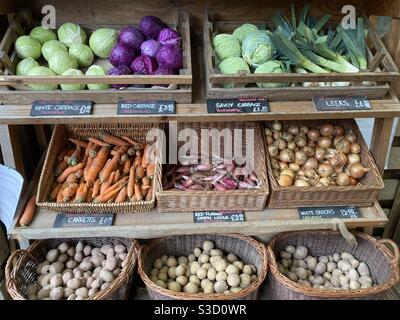 Présentoir pour la vente de carottes fraîches organiques oignons pommes de terre fuites Choux en paniers de produits agricoles britanniques Banque D'Images