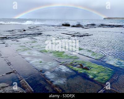 Arc-en-ciel sur la chaussée à facettes, Tasman Peninsula, Tasmanie Banque D'Images