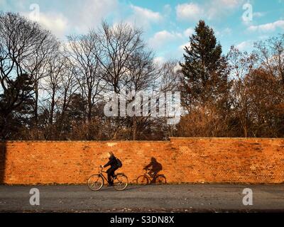 Une femme qui fait du vélo devant un mur de briques sur l'aéroport de Tempelhof dans l'après-midi en hiver, Berlin, Allemagne Banque D'Images