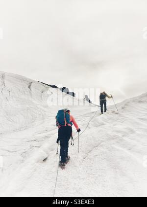 Alpinisme/escalade du glacier sur Grabd Paradiso vers le sommet - les grimpeurs/alpinistes ont bondis avec des crampons Banque D'Images