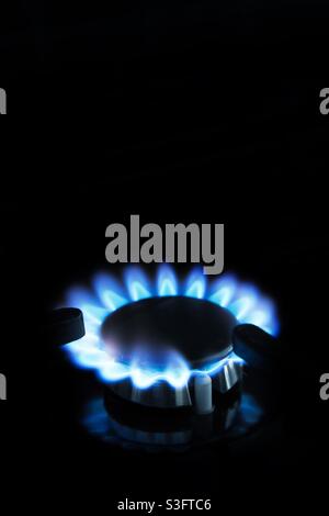 Un anneau de flamme bleue provenant d'une cuisinière à gaz ou d'une cuisinière avec un espace de copie Banque D'Images
