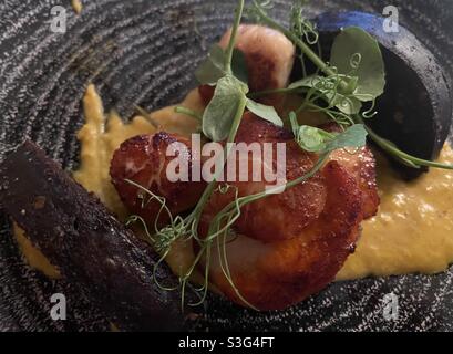 Pudding noir de bury avec des scollops Banque D'Images