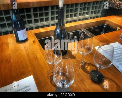 Dégustation de vins au vignoble de Cloudy Bay dans la région viticole de Marlborough, Île du Sud, Nouvelle-Zélande Banque D'Images