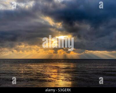 Golden Sunset, plage de Heacham, Norfolk, Royaume-Uni Banque D'Images