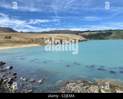 Vue sur le port de Lyttelton et la péninsule de Banks, Nouvelle-Zélande Banque D'Images