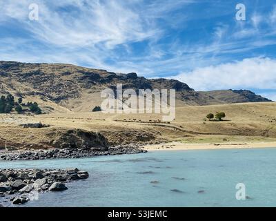 Vue sur le port de Lyttelton et la péninsule de Banks, Nouvelle-Zélande Banque D'Images