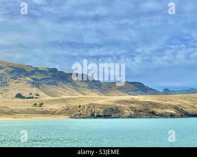 Vue sur le port de Lyttelton et la péninsule de Banks, Nouvelle-Zélande Banque D'Images