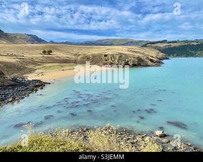 Vue sur le port de Lyttelton et la péninsule de Banks, Nouvelle-Zélande Banque D'Images