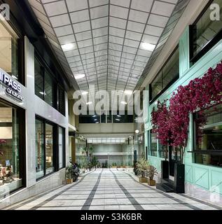 Pesmazoglou STOA déserte la nuit dans le centre d'Athènes, Grèce.Athènes a beaucoup de stoas (arcades ou allées couvertes), souvent avec des boutiques et des cafés attrayants.Certains stoas ont des magasins spécialisés (par exemple des CD). Banque D'Images