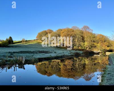 Les arbres d'automne se reflètent parfaitement dans le canal de Leeds Liverpool lors d'une matinée glacielle Banque D'Images