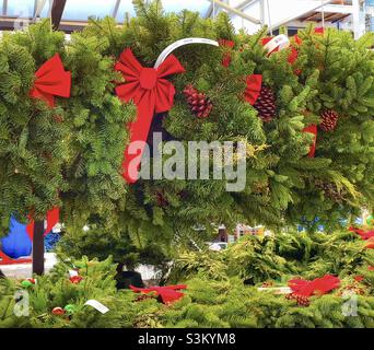 De vraies couronnes de Noël, ornées d'arcs rouges, sont exposées dans le Garden Center d'un Lowe's Home Center dans l'Utah, aux États-Unis. Banque D'Images