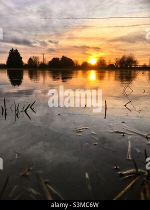 Coucher de soleil sur les champs inondés de Suffolk. Banque D'Images