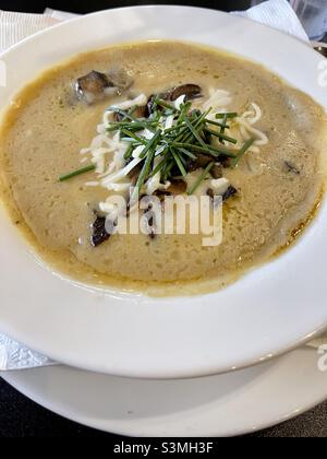 Soupe aux champignons Magic riche et crémeuse.Nappés de fromage et de ciboulette fraîche. Banque D'Images