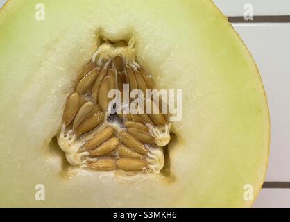 Un gros plan de la moitié d'un melon canari montrant les pépins ou les graines au centre Banque D'Images