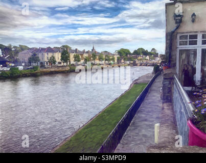 Paysage urbain de Ballina Irlande le long de la rivière Moy.Art numérique Banque D'Images