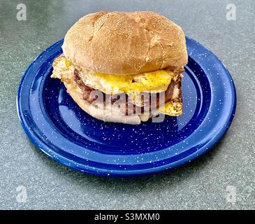 Sandwich au fromage et à l'œuf sur une assiette en métal bleu Banque D'Images