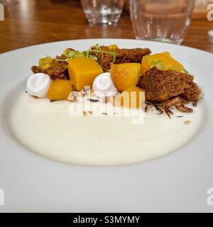 Dessert de la Panna cotta à la noix de coco avec des mangue et des fruits de la passion sur un plat blanc Banque D'Images