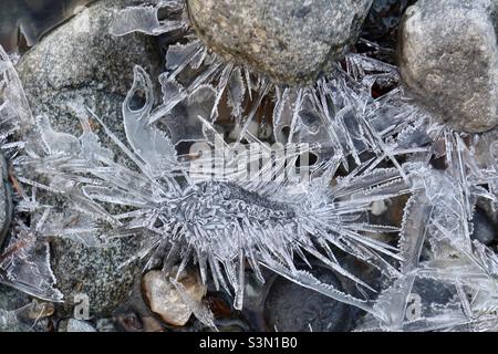 Les rochers de la rivière sont entourés de formations de glace ressemblant à des étoiles dans un petit ruisseau Banque D'Images