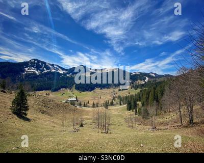Paysage avec des prairies alpines vertes et des montagnes enneigées dans les Alpes bavaroises, Allemagne. Banque D'Images