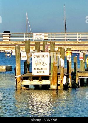 Attention panneau de la zone du lamantin avec d'autres panneaux de navigation et avertissements affichés sur l'eau, les quais en bois, les poteaux, la marina, le pont, jetée de pêche publique, bateaux et navires à quai, mâts de navires, voiliers, ville de pêche Banque D'Images