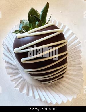 Une fraise entière trempée dans du chocolat noir sur une boîte en papier Banque D'Images