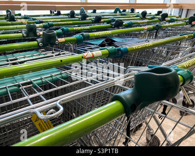 Trollers de supermarché Waitrose avec poignées vertes. Banque D'Images