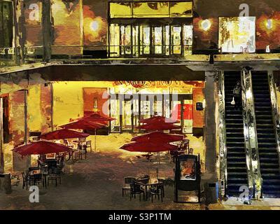 Vue sur la plaza, vers quelques escaliers mécaniques et des tables à manger en plein air, à l'intérieur du City Creek Center dans le centre-ville de Salt Lake City, Utah, États-Unis la nuit pendant la saison de Noël. Banque D'Images