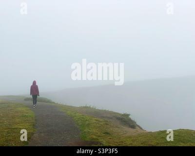 Une personne marchant sur une falaise brumeuse, vue de derrière. Banque D'Images