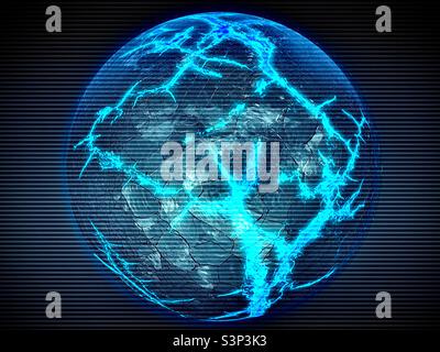 Une photo d'iPhone d'un accent de maison sphérique avec une texture de verre craquelé et l'éclairage dans a, via des applications IOS, été terraformé en une planète extraterrestre bleu glacé. Banque D'Images