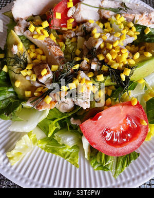 Une salade de poulet gastronomique est garnie de mini-croûtons sur un lit de légumes verts, 2022, USA Banque D'Images