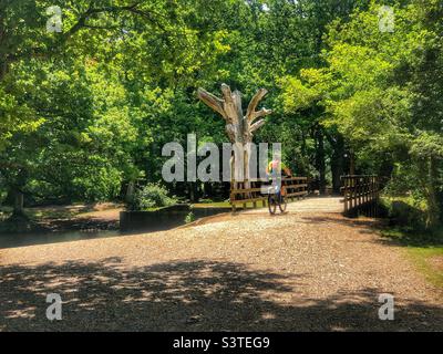 Cycliste traversant le pont de la rivière Lymington dans le parc national de New Forest Brockenhurst Hampshire Royaume-Uni Banque D'Images