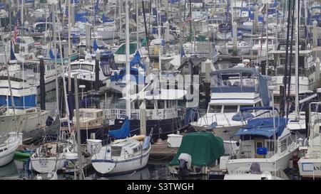 Des dizaines de bateaux amarrés au port de Santa Barbara, créant un modèle abstrait de mâts et de coques. Couleur. Banque D'Images