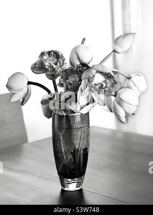 Photo noir et blanc de fleurs de lotus dans un vase en verre Banque D'Images