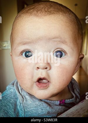 Gros plan portrait d'une petite fille avec de grands beaux yeux bleus. Banque D'Images