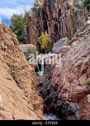 Un bijou de rochers rouges, de feuilles dorées et de cascades à Water Wheel Falls dans la forêt nationale de Tonto, N Houston Mesa Rd, Payson, AZ Banque D'Images