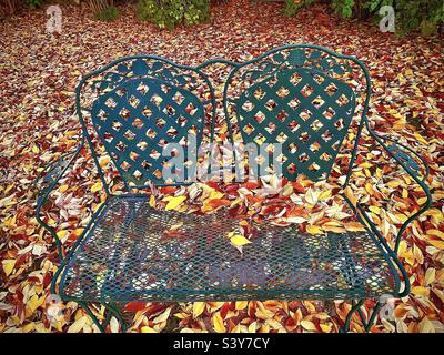 Récemment tombé feuilles de cendres d'automne couvrent une cour arrière et un banc de patio dans l'Utah, États-Unis. Ils font un magnifique arrière-plan abstrait naturel avec beaucoup de couleurs, de formes et de textures colorées. Banque D'Images