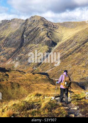 Walker sur le chemin et les pentes de Munro Buachaville Etive Beag, avec vue sur la crête de Aonach Eagach, Glencoe, Écosse Banque D'Images