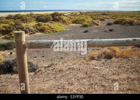 Garde-corps en bois devant les dunes de sable avec des lettres blanches en allemand, à la plage, sur l'île canari espagnole de Fuerteventura Banque D'Images