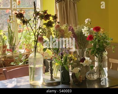 Maison de campagne cuisine scène avec table couverte de vases et cruches de fleurs coupées au printemps Banque D'Images