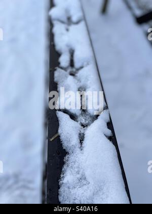 Le pied de paon est imprimé dans la neige sur une clôture. Banque D'Images