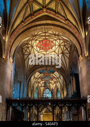 Décoration intérieure magnifiquement ornée donnant vers le haut à l'intérieur de l'abbaye de Tewkesbury, Gloucestershire, Royaume-Uni. Une photo de téléphone portable avec un post-traitement de téléphone ou de tablette. Banque D'Images